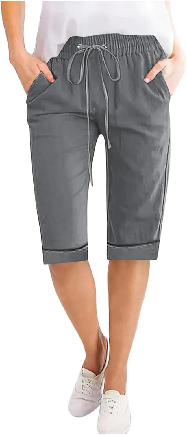 Cotton Linen Cuffed Hem Shorts for Women Summer Thin Knee Length Beach Shorts Casual Loose Fit Straight Leg Pants