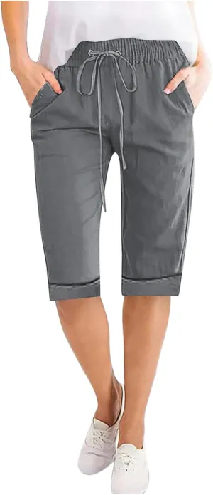Cotton Linen Cuffed Hem Shorts for Women Summer Thin Knee Length Beach Shorts Casual Loose Fit Straight Leg Pants