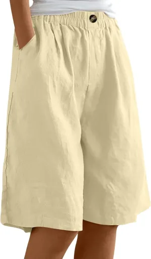 Cotton Linen Shorts for Women Summer Linen Bermuda Shorts Women Plus Size Casual Loose Beach Pants with Pockets