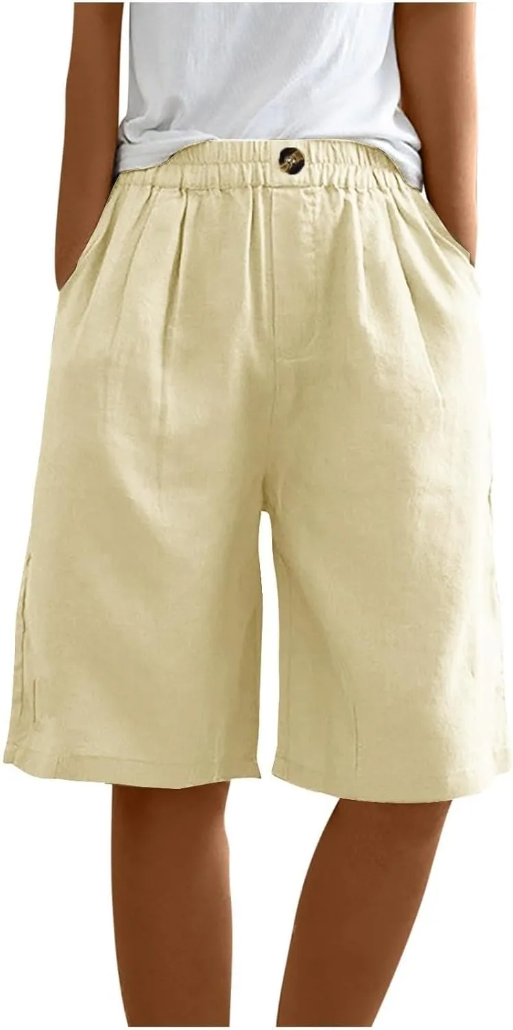 Cotton Linen Shorts for Women Summer Linen Bermuda Shorts Women Plus Size Casual Loose Beach Pants with Pockets