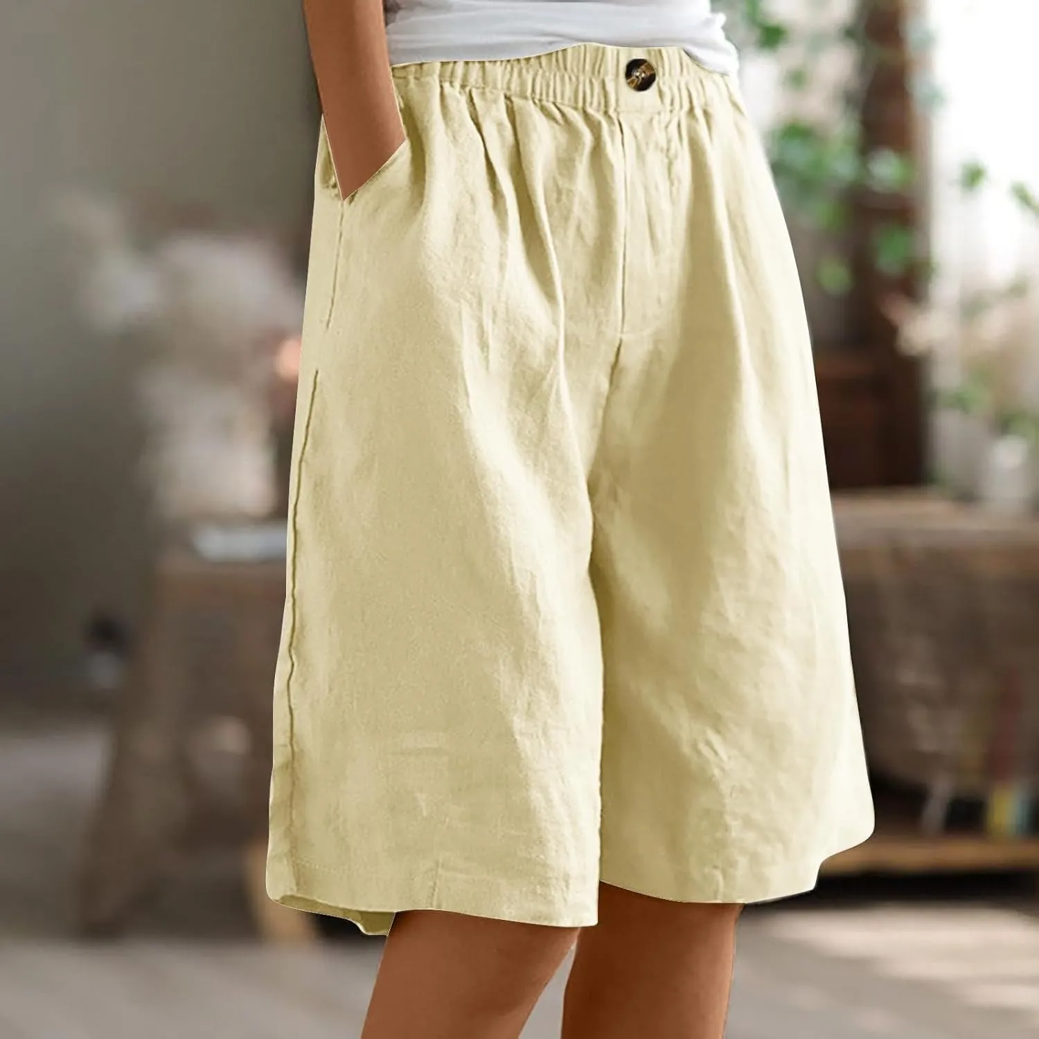 Cotton Linen Shorts for Women Summer Linen Bermuda Shorts Women Plus Size Casual Loose Beach Pants with Pockets