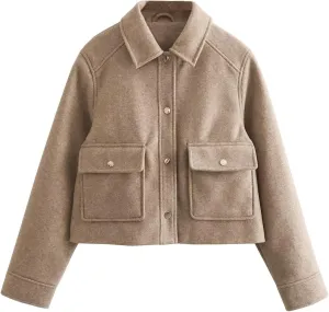 Cromoncent Women's Casual Short Jackets Wool Blend Cropped Outerwear Coat with Pockets