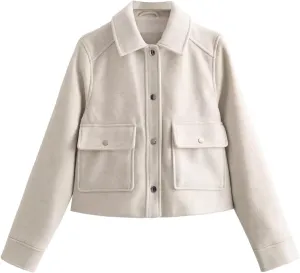 Cromoncent Women's Casual Short Jackets Wool Blend Cropped Outerwear Coat with Pockets