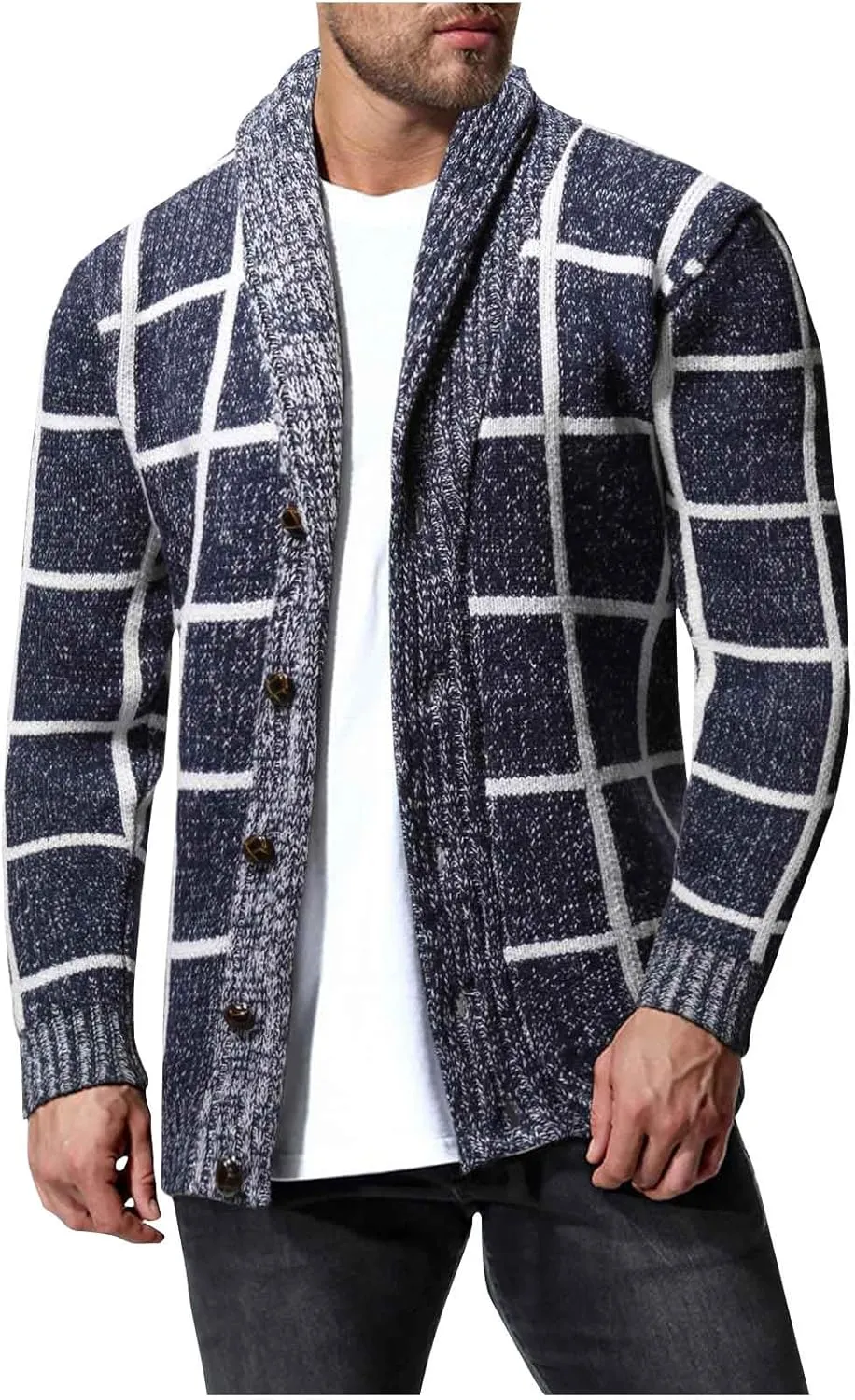Dgoopd Mens Plaid Cardigan Sweater Ruffle Cable Knit Sweater Shawl Collar Cardigan Button Down Sweaters Thermal Outwear