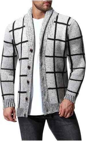 Dgoopd Mens Plaid Cardigan Sweater Ruffle Cable Knit Sweater Shawl Collar Cardigan Button Down Sweaters Thermal Outwear