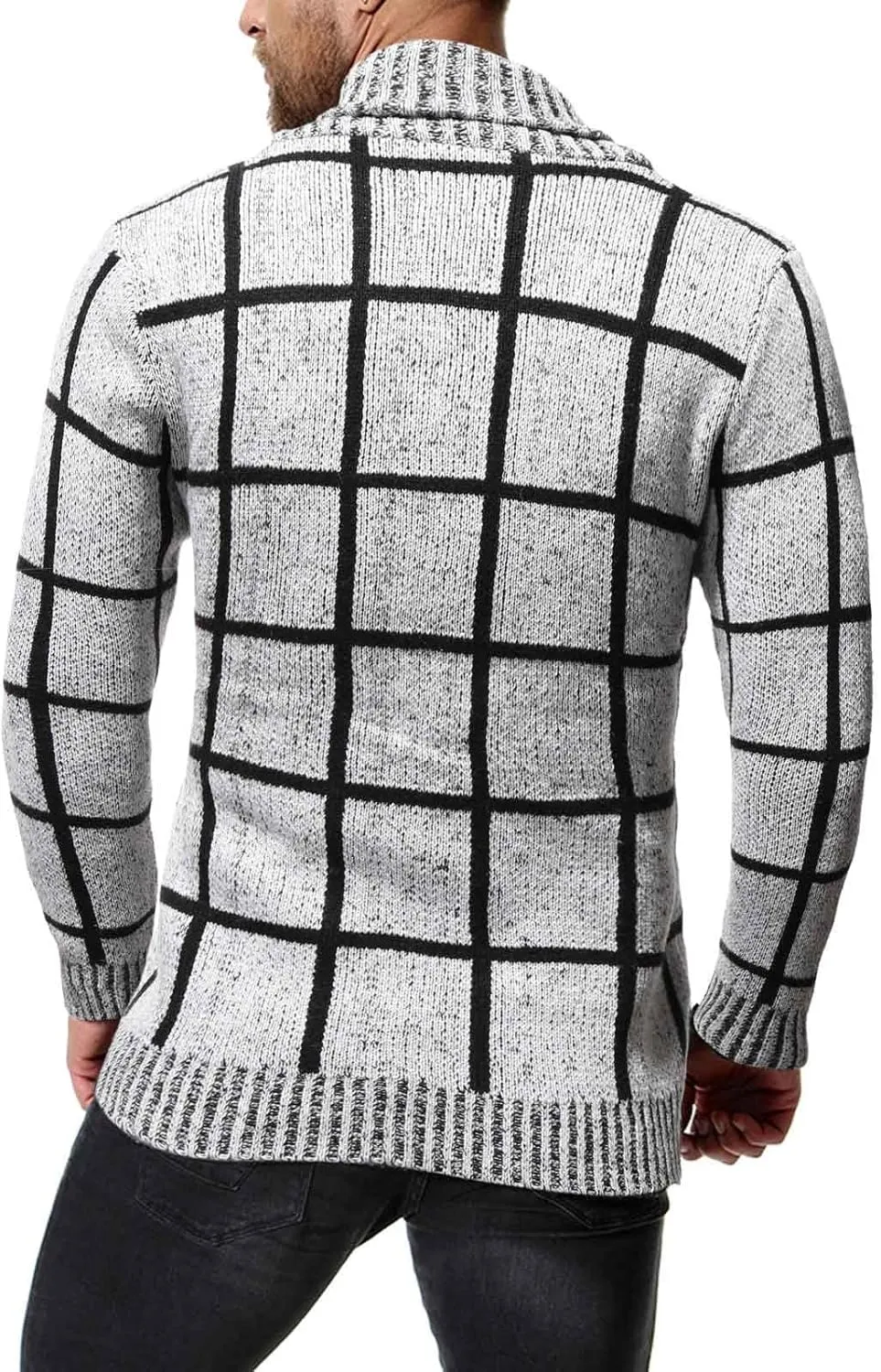 Dgoopd Mens Plaid Cardigan Sweater Ruffle Cable Knit Sweater Shawl Collar Cardigan Button Down Sweaters Thermal Outwear