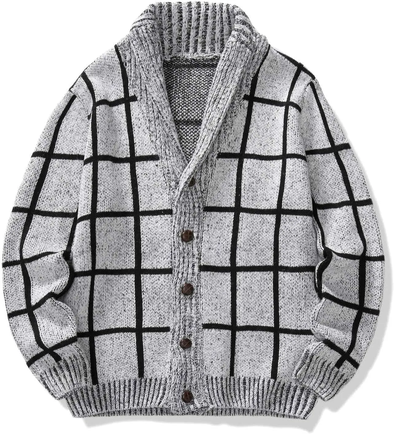 Dgoopd Mens Plaid Cardigan Sweater Ruffle Cable Knit Sweater Shawl Collar Cardigan Button Down Sweaters Thermal Outwear
