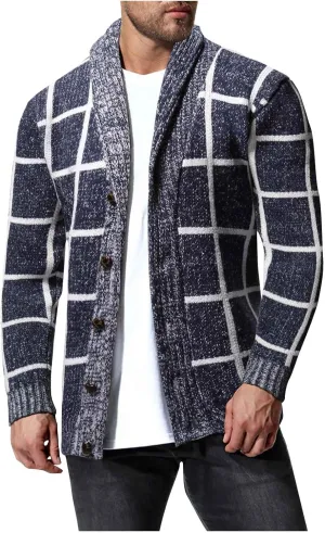Dgoopd Mens Plaid Cardigan Sweater Ruffle Cable Knit Sweater Shawl Collar Cardigan Button Down Sweaters Thermal Outwear