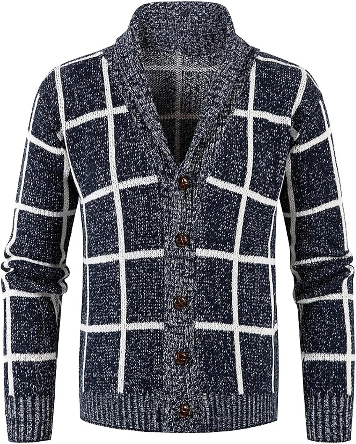 Dgoopd Mens Plaid Cardigan Sweater Ruffle Cable Knit Sweater Shawl Collar Cardigan Button Down Sweaters Thermal Outwear