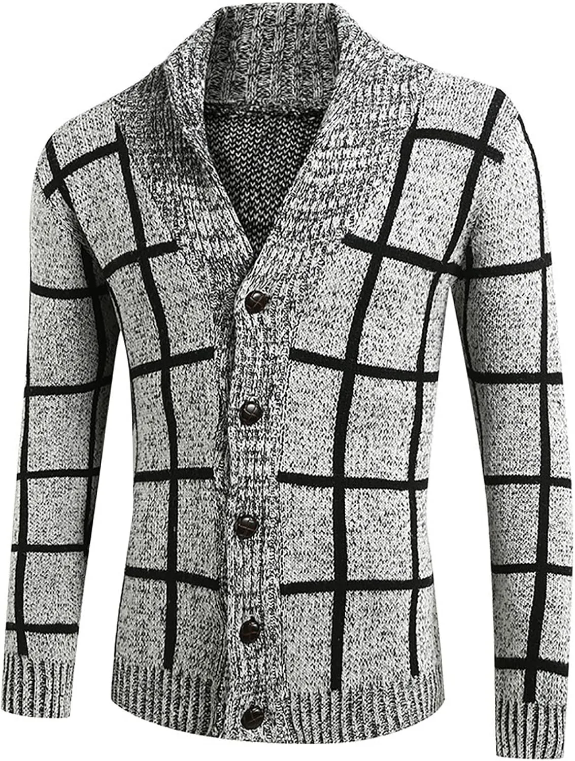 Dgoopd Mens Plaid Cardigan Sweater Ruffle Cable Knit Sweater Shawl Collar Cardigan Button Down Sweaters Thermal Outwear
