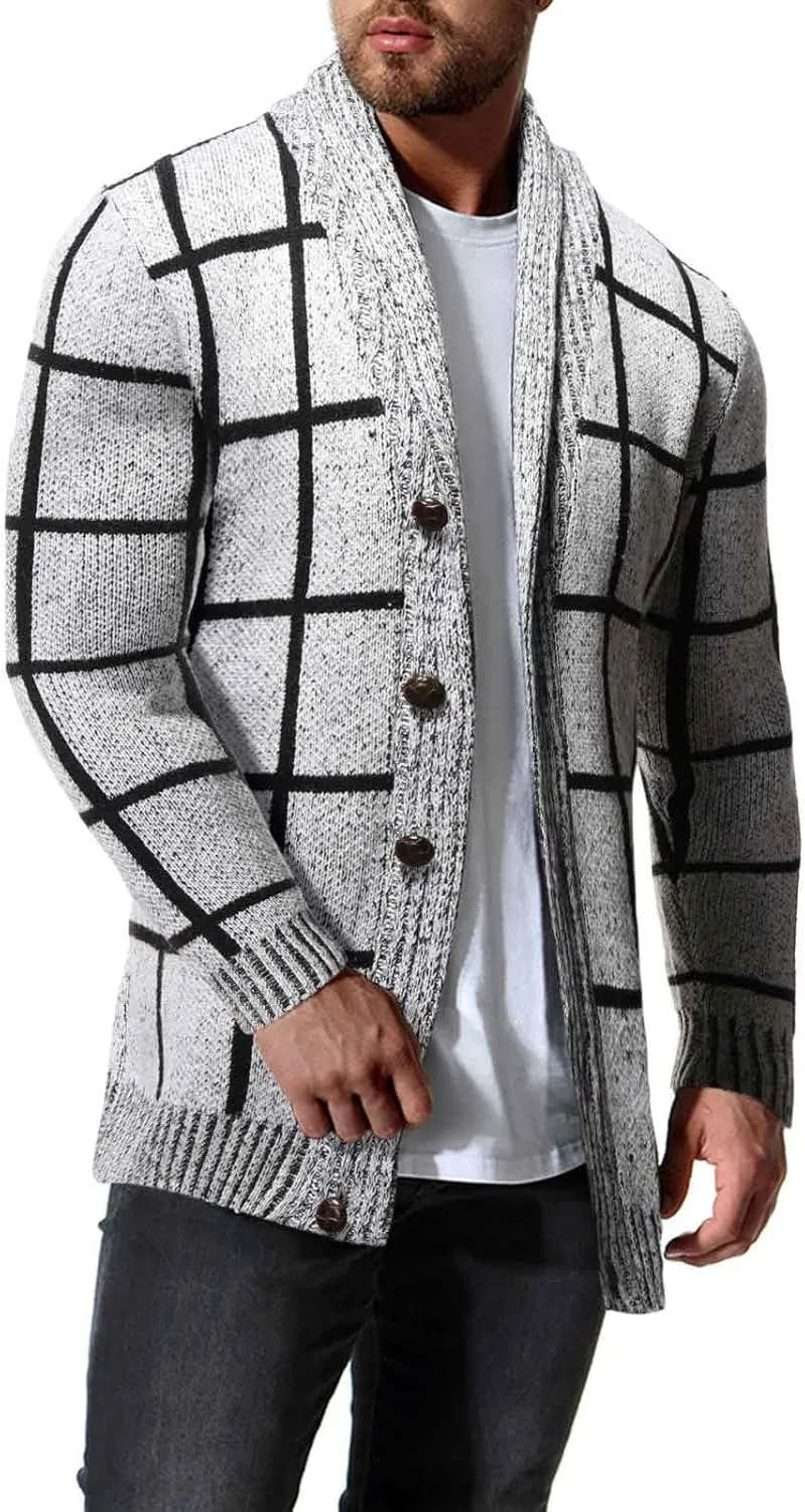 Dgoopd Mens Plaid Cardigan Sweater Ruffle Cable Knit Sweater Shawl Collar Cardigan Button Down Sweaters Thermal Outwear