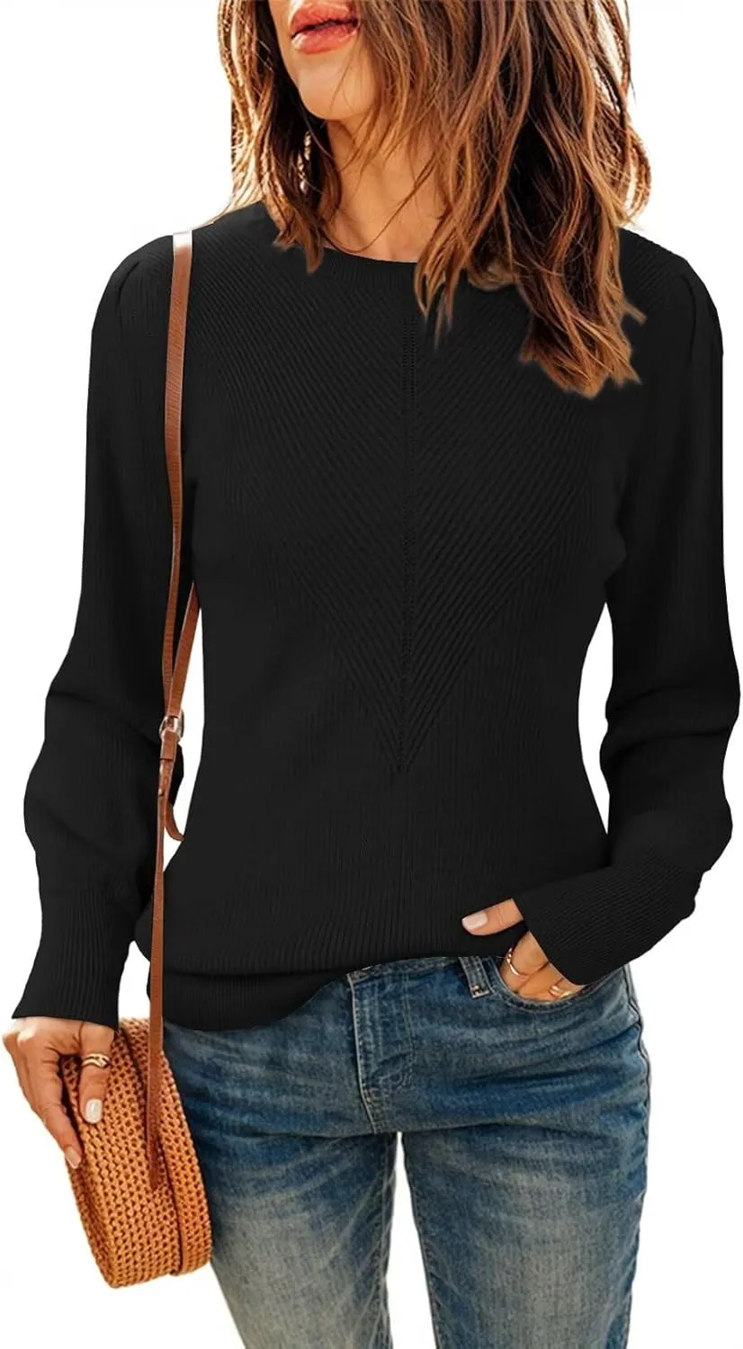Dokotoo Womens Ribbed Knit Long Lantern Sleeves Sweater Crewneck Casual Slim Fit Pullover Jumper Tops