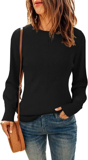 Dokotoo Womens Ribbed Knit Long Lantern Sleeves Sweater Crewneck Casual Slim Fit Pullover Jumper Tops