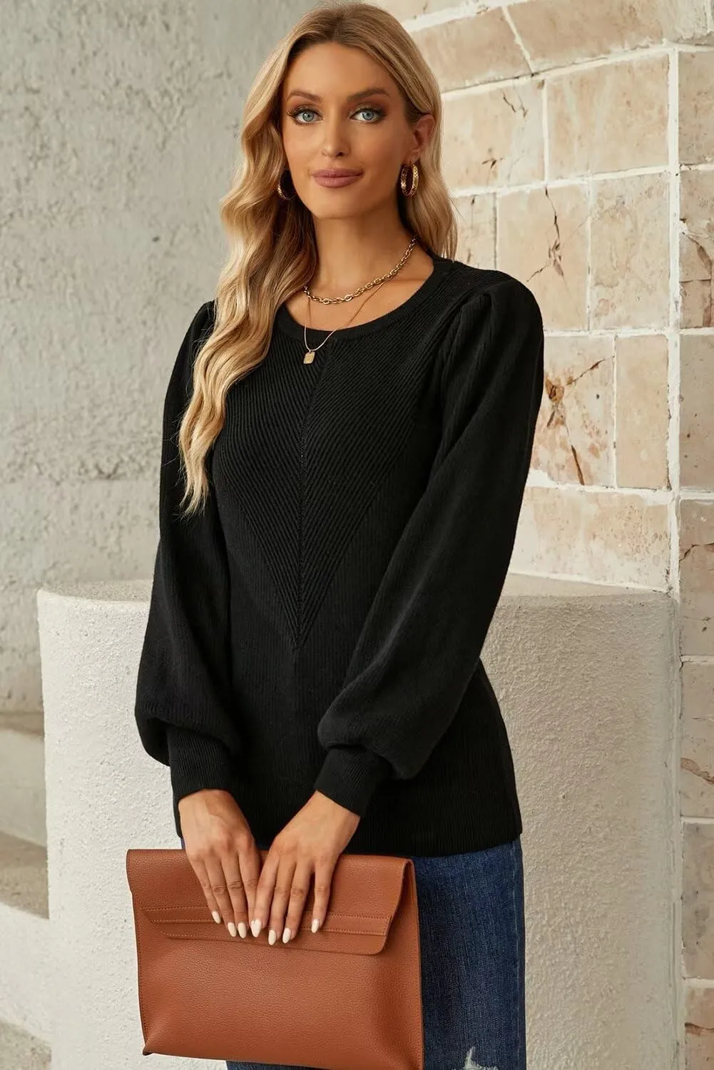 Dokotoo Womens Ribbed Knit Long Lantern Sleeves Sweater Crewneck Casual Slim Fit Pullover Jumper Tops