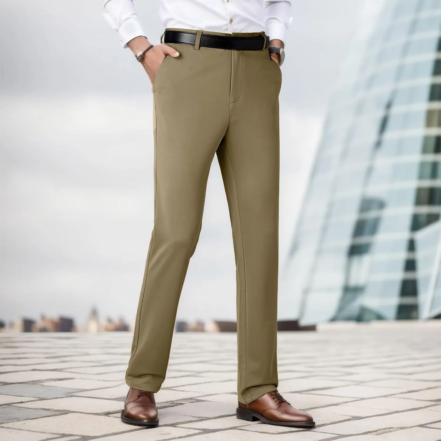 Dress Pants for Men Loose Elastic Waist Straight Leg Suit Pant Classic Flat Front Business Casual Work Trouser
