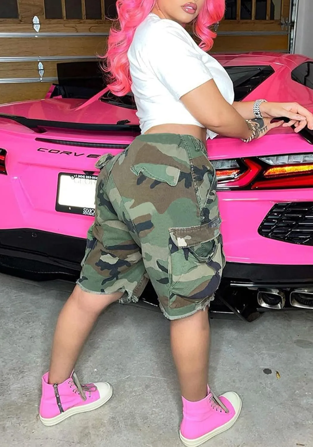 Ecirod Womens Camo Cargo Shorts High Waisted Summer Casual Trendy Short Pants with Pockets