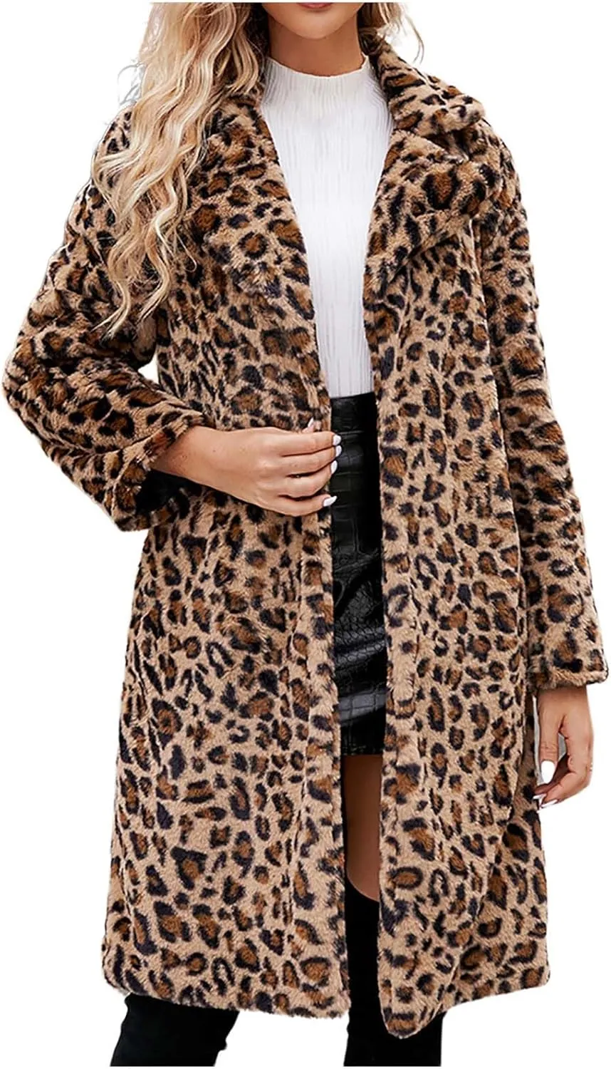 Faux Fur Coat Women Notched Lapel Long Sleeve Jacket Leopard Print Trench Coat Fashion Fall Jacket