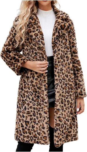 Faux Fur Coat Women Notched Lapel Long Sleeve Jacket Leopard Print Trench Coat Fashion Fall Jacket