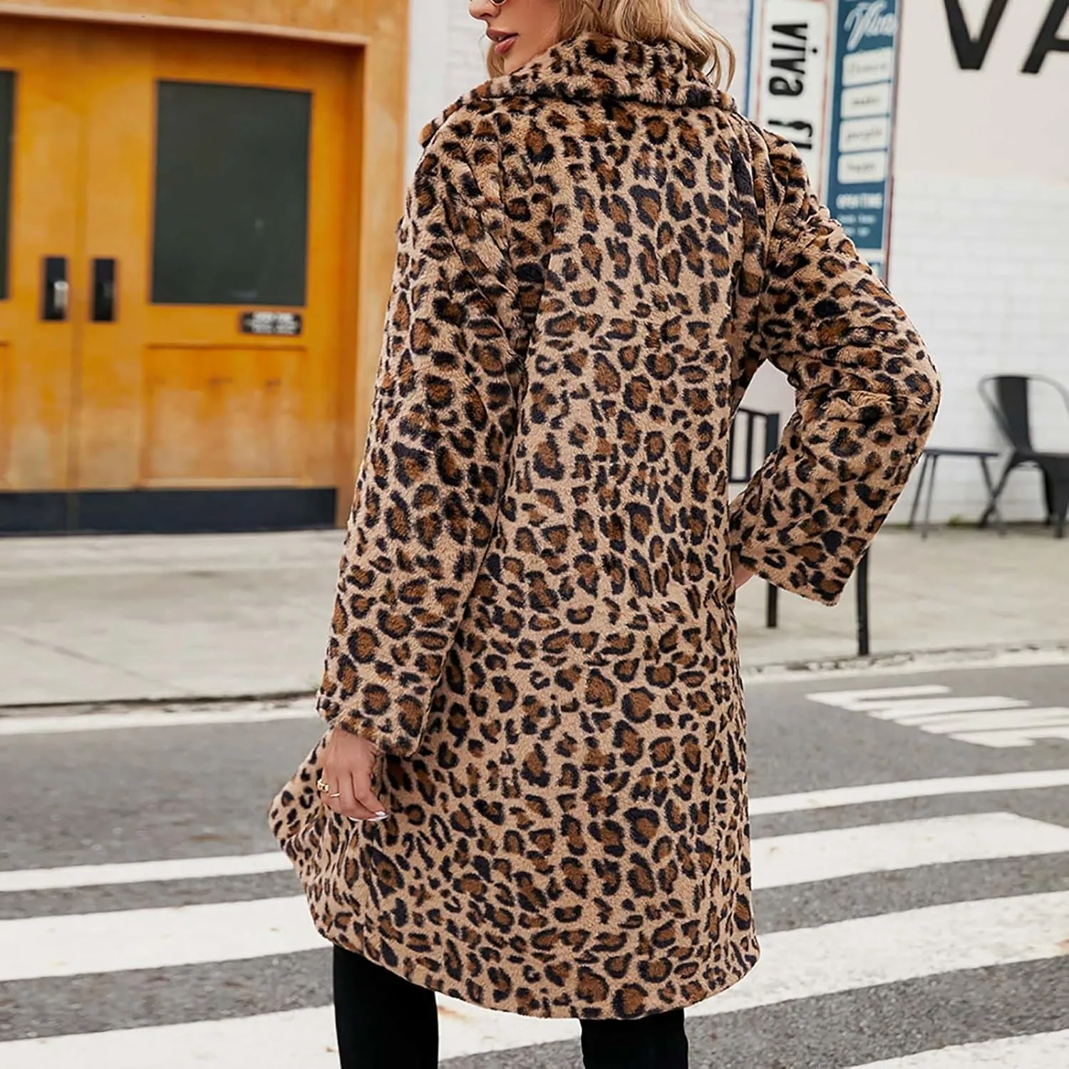 Faux Fur Coat Women Notched Lapel Long Sleeve Jacket Leopard Print Trench Coat Fashion Fall Jacket