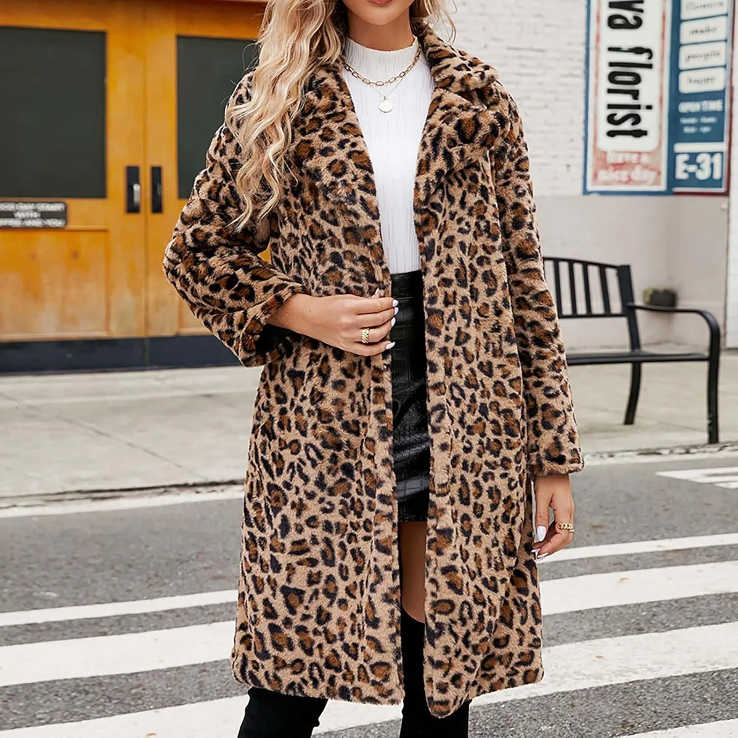 Faux Fur Coat Women Notched Lapel Long Sleeve Jacket Leopard Print Trench Coat Fashion Fall Jacket