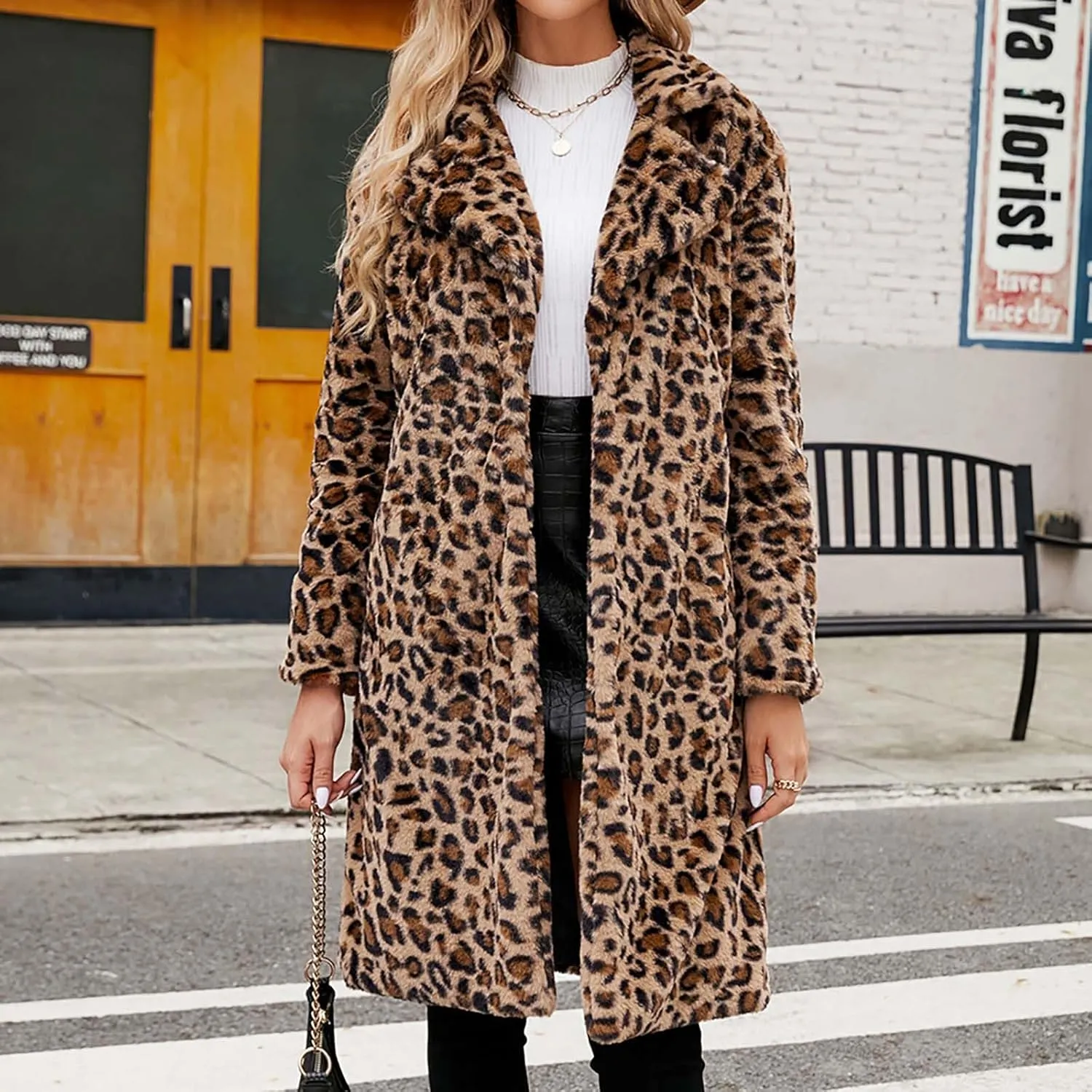 Faux Fur Coat Women Notched Lapel Long Sleeve Jacket Leopard Print Trench Coat Fashion Fall Jacket