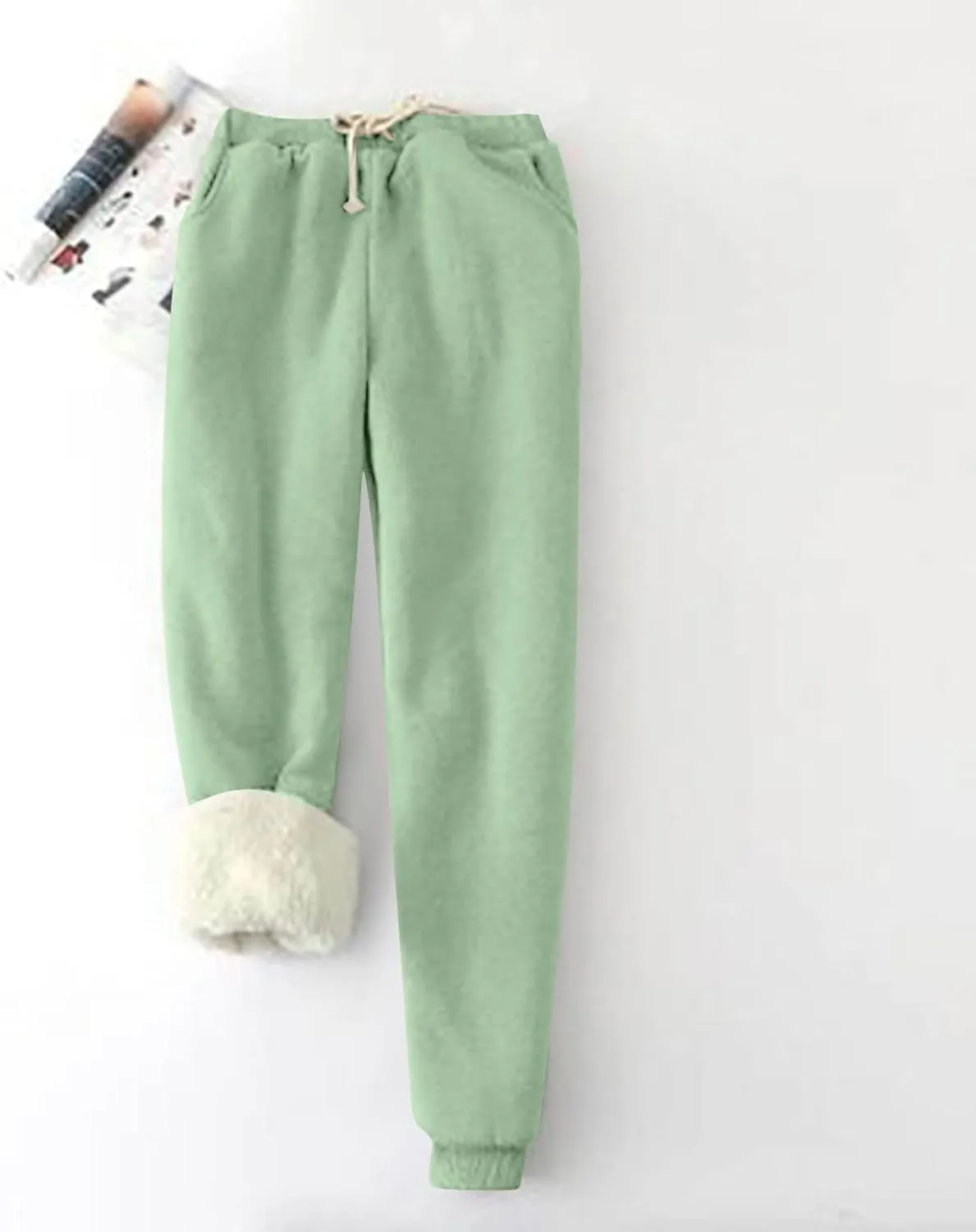 Fleece Lined Pants Women Snowflake Printed High Waisted Drawstring Baggy Sweatpants Christmas Pajamas with Pockets