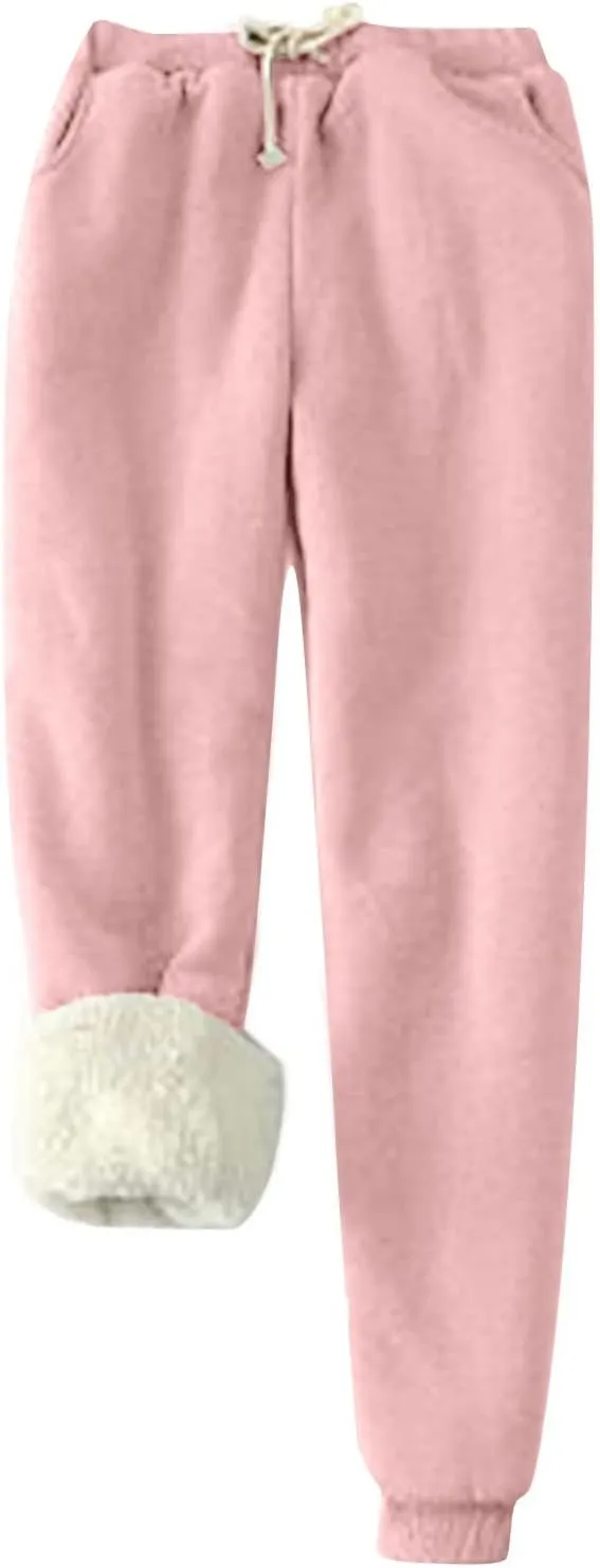 Fleece Lined Pants Women Snowflake Printed High Waisted Drawstring Baggy Sweatpants Christmas Pajamas with Pockets