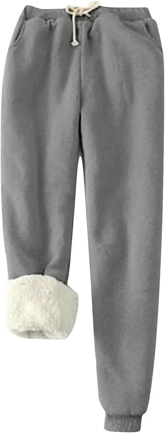 Fleece Lined Pants Women Snowflake Printed High Waisted Drawstring Baggy Sweatpants Christmas Pajamas with Pockets