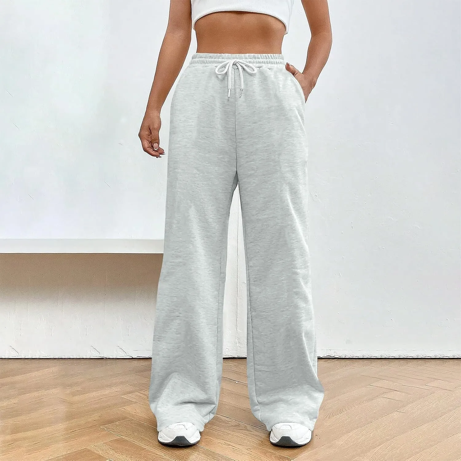 Fleece Lined Sweatpants Women Wide Leg Trousers High Waisted Athletic Joggers with Pockets Baggy Vintage Track Pants
