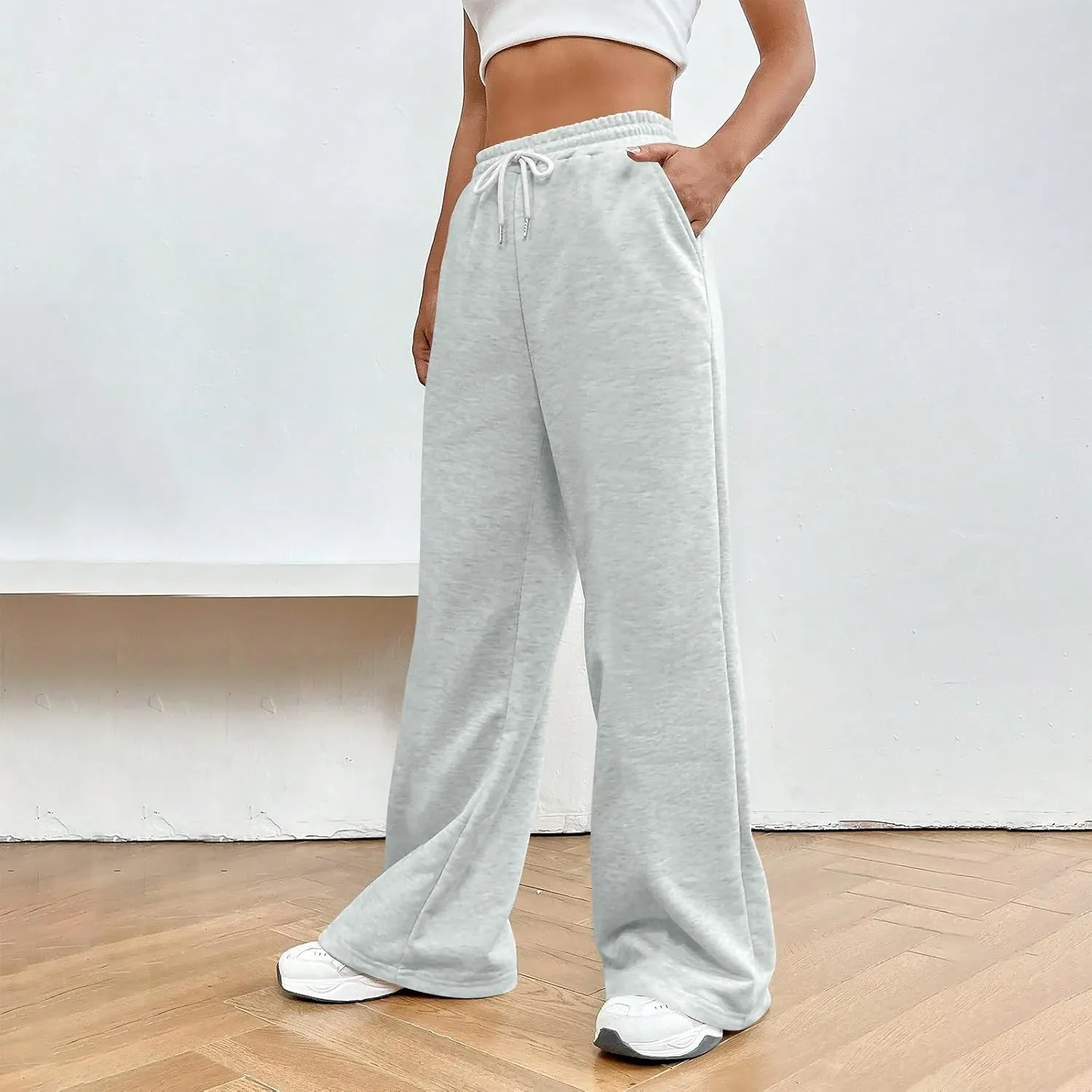 Fleece Lined Sweatpants Women Wide Leg Trousers High Waisted Athletic Joggers with Pockets Baggy Vintage Track Pants