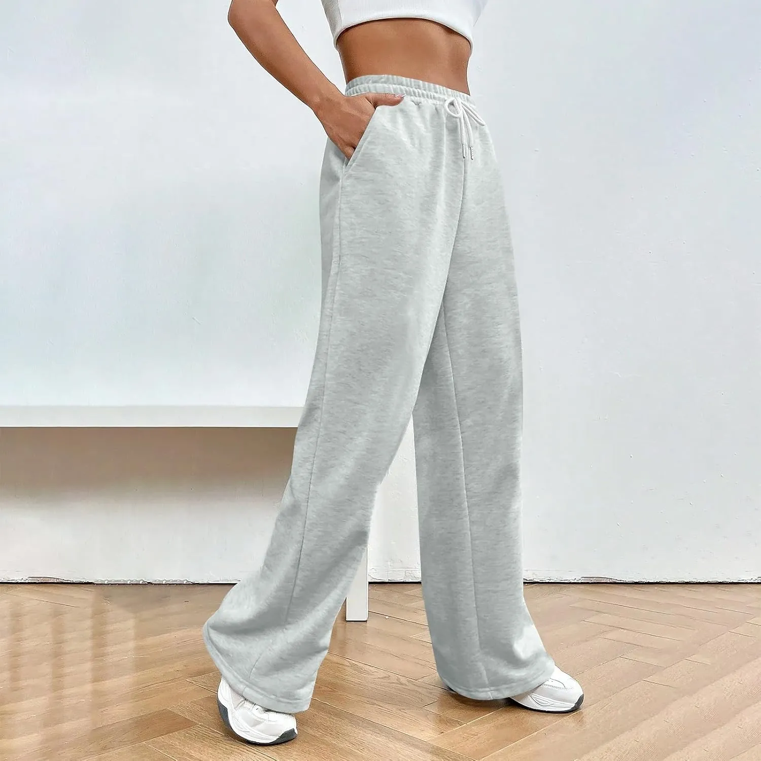 Fleece Lined Sweatpants Women Wide Leg Trousers High Waisted Athletic Joggers with Pockets Baggy Vintage Track Pants