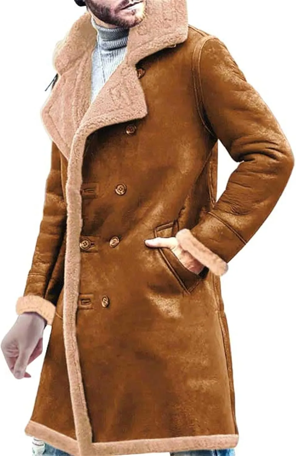 Fleee Lined Winter Coat for Men Fall Winter Warm Bomber Faux Leather Jacket Vintage Turn-Down Collar Sherpa Coat