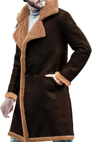 Fleee Lined Winter Coat for Men Fall Winter Warm Bomber Faux Leather Jacket Vintage Turn-Down Collar Sherpa Coat