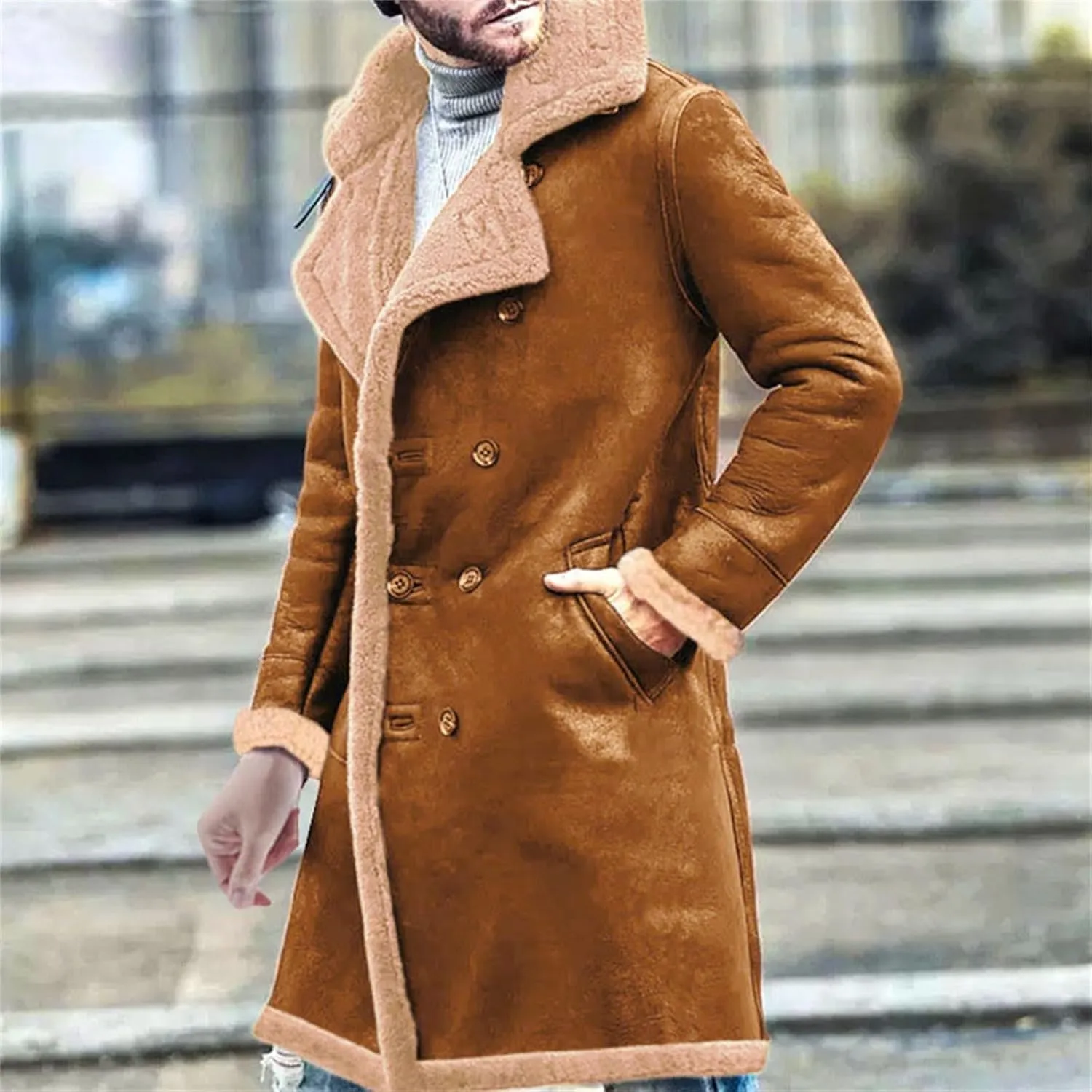 Fleee Lined Winter Coat for Men Fall Winter Warm Bomber Faux Leather Jacket Vintage Turn-Down Collar Sherpa Coat