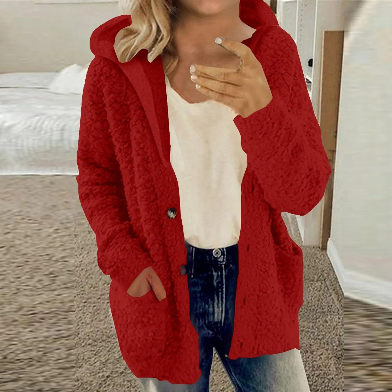 Fuzzy Fleece Jacket Hoodies for Women Winter Long Sleeve Hoodie Coat Fall Jackets Plus Size Button Plush Cardigan