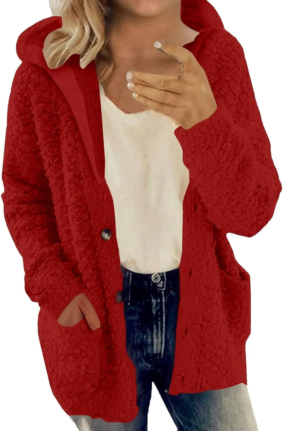 Fuzzy Fleece Jacket Hoodies for Women Winter Long Sleeve Hoodie Coat Fall Jackets Plus Size Button Plush Cardigan