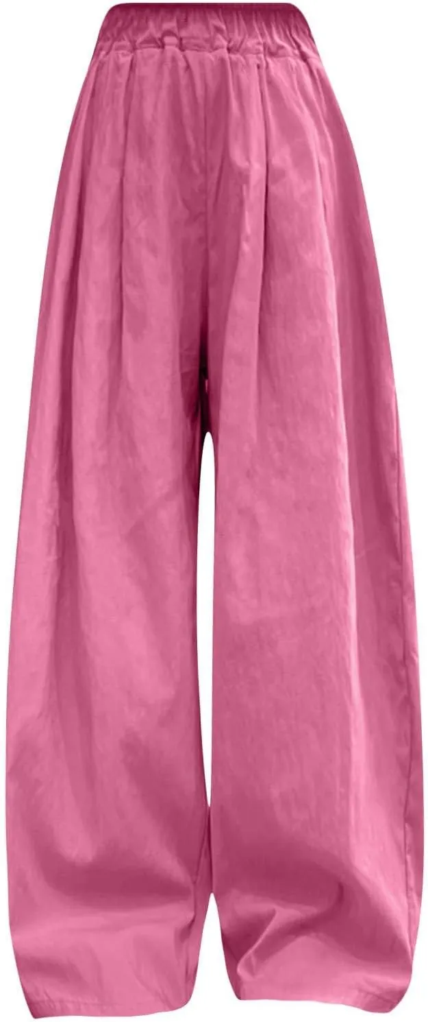 Girls Wide Leg Pants Linen with Pockets Flowy Smocked High Waisted Loose Trousers Casual Fit Palazzo Pants for Kids