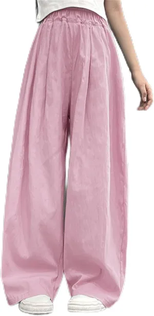 Girls Wide Leg Pants Linen with Pockets Flowy Smocked High Waisted Loose Trousers Casual Fit Palazzo Pants for Kids