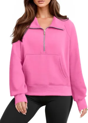 Glamaker Womens Sweatshirts Half Zip Pullover Fleece Cropped Comfort Fall Loose Outfits Fashion Long Sleeve Thumb Hole
