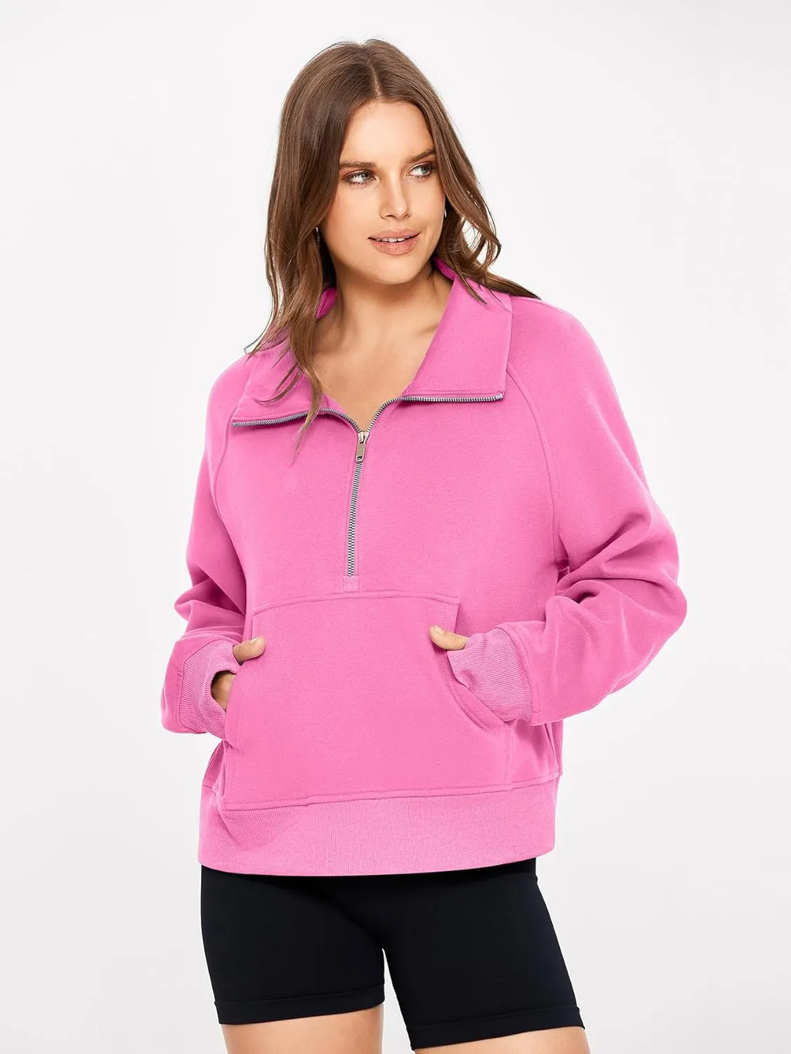Glamaker Womens Sweatshirts Half Zip Pullover Fleece Cropped Comfort Fall Loose Outfits Fashion Long Sleeve Thumb Hole