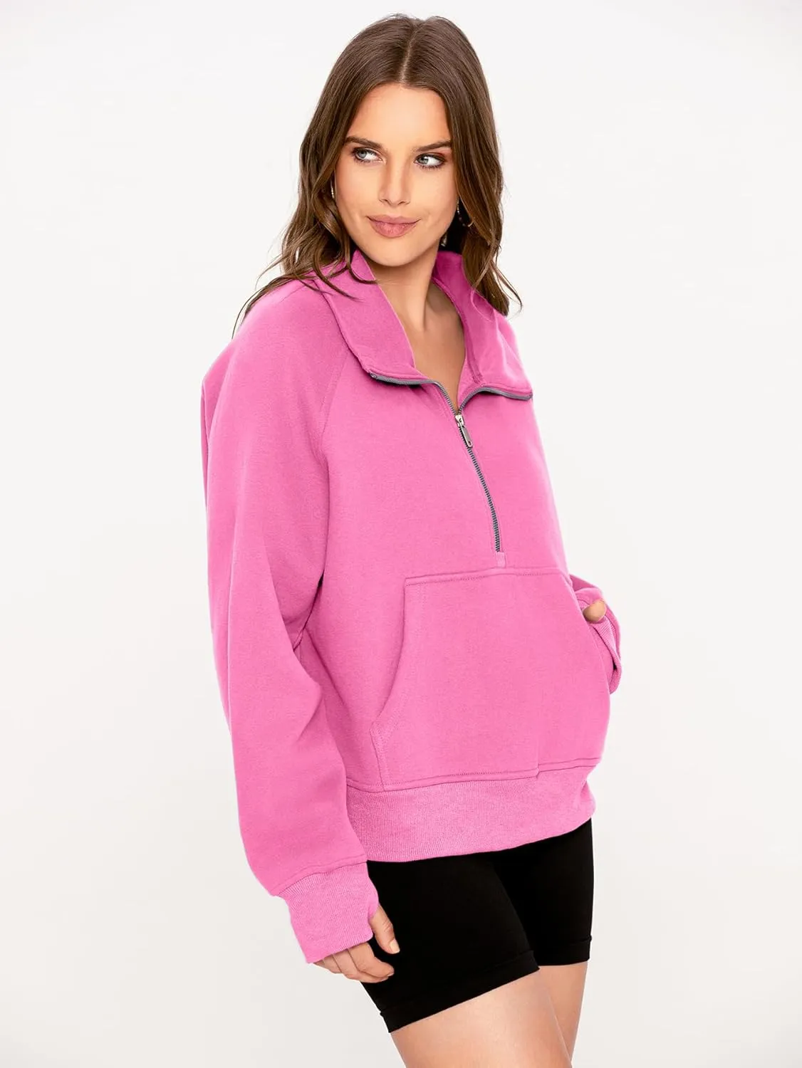 Glamaker Womens Sweatshirts Half Zip Pullover Fleece Cropped Comfort Fall Loose Outfits Fashion Long Sleeve Thumb Hole