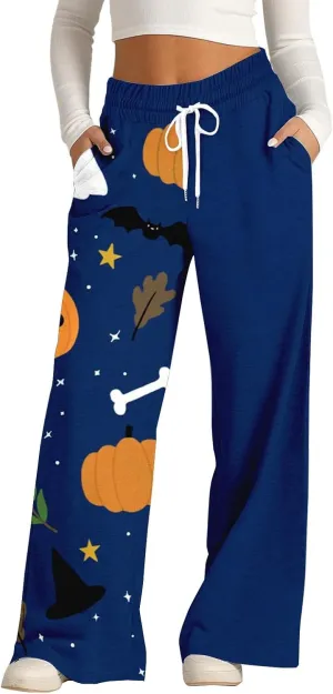 Halloween Sweatpants Woman Pumpkin Print Wide Leg Joggers Elastic High Waist Pants with Pockets Straight Leg Comfy