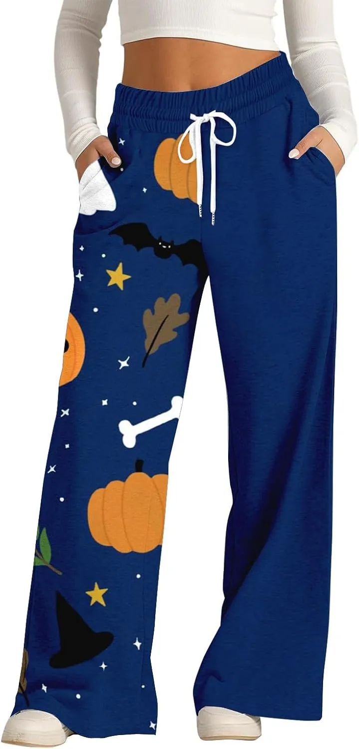 Halloween Sweatpants Woman Pumpkin Print Wide Leg Joggers Elastic High Waist Pants with Pockets Straight Leg Comfy
