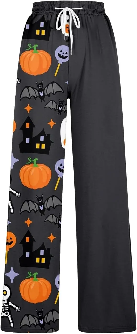 Halloween Sweatpants Woman Pumpkin Print Wide Leg Joggers Elastic High Waist Pants with Pockets Straight Leg Comfy