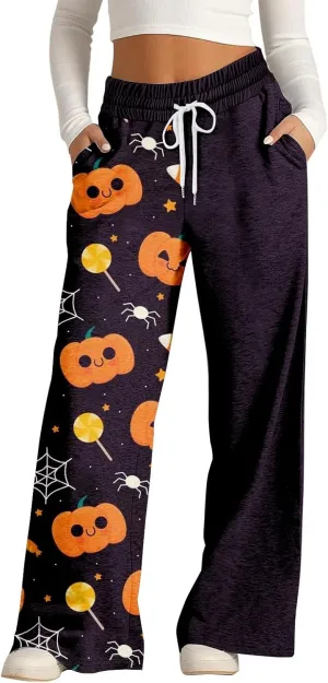Halloween Sweatpants Woman Pumpkin Print Wide Leg Joggers Elastic High Waist Pants with Pockets Straight Leg Comfy
