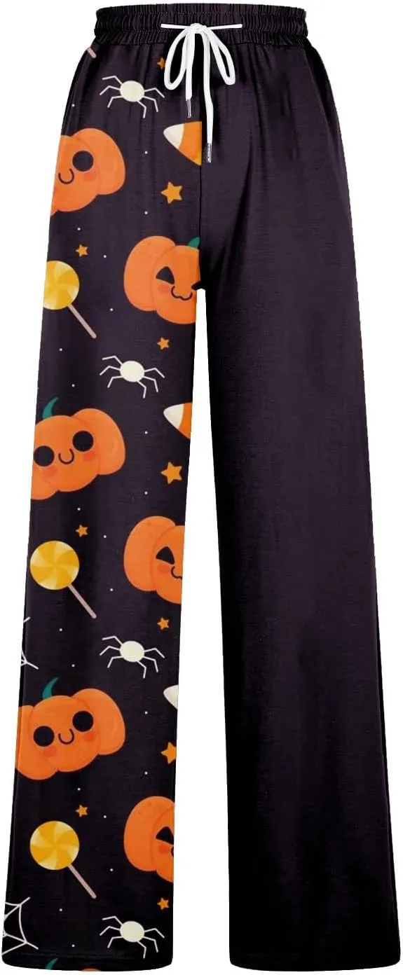 Halloween Sweatpants Woman Pumpkin Print Wide Leg Joggers Elastic High Waist Pants with Pockets Straight Leg Comfy