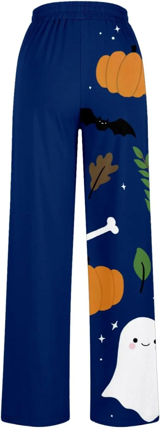 Halloween Sweatpants Woman Pumpkin Print Wide Leg Joggers Elastic High Waist Pants with Pockets Straight Leg Comfy