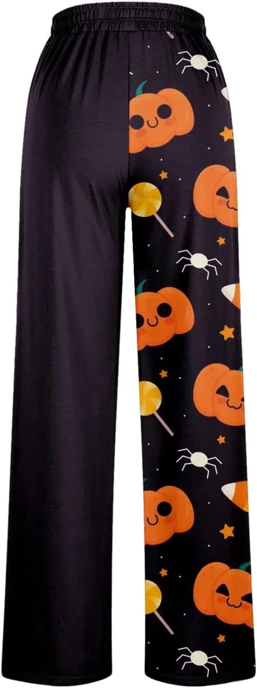 Halloween Sweatpants Woman Pumpkin Print Wide Leg Joggers Elastic High Waist Pants with Pockets Straight Leg Comfy