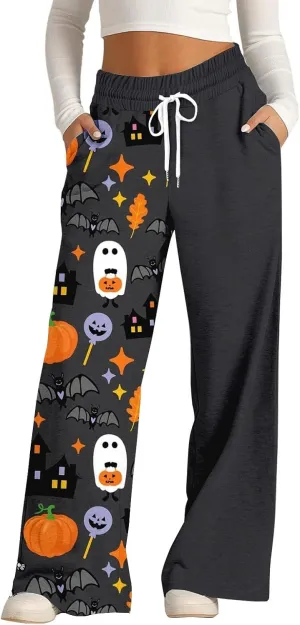 Halloween Sweatpants Woman Pumpkin Print Wide Leg Joggers Elastic High Waist Pants with Pockets Straight Leg Comfy