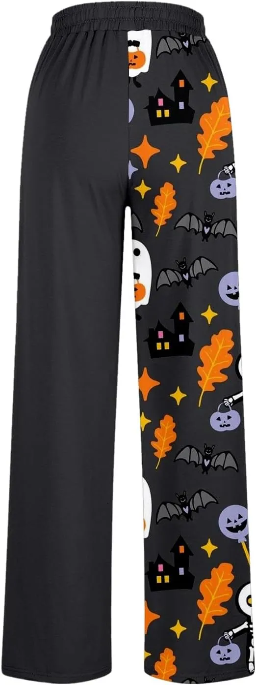 Halloween Sweatpants Woman Pumpkin Print Wide Leg Joggers Elastic High Waist Pants with Pockets Straight Leg Comfy